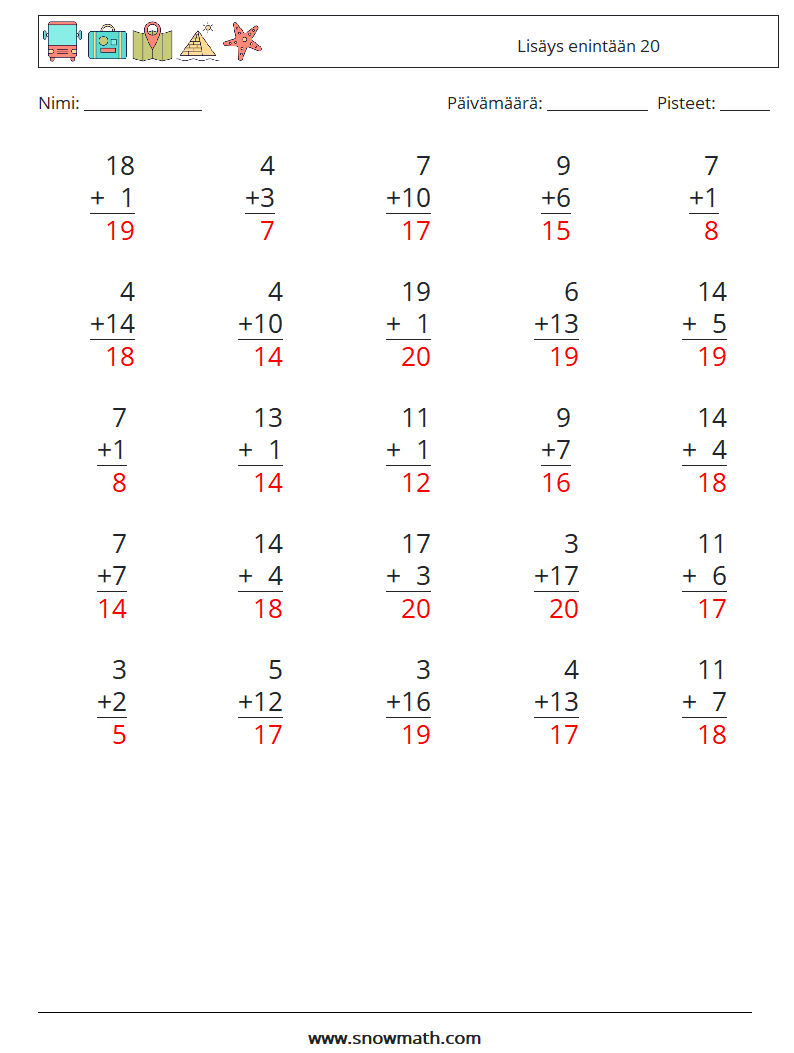 (25) Lisäys enintään 20 Matematiikan laskentataulukot 10 Kysymys, vastaus