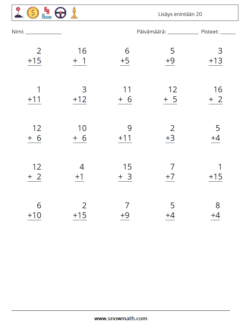 (25) Lisäys enintään 20 Matematiikan laskentataulukot 15