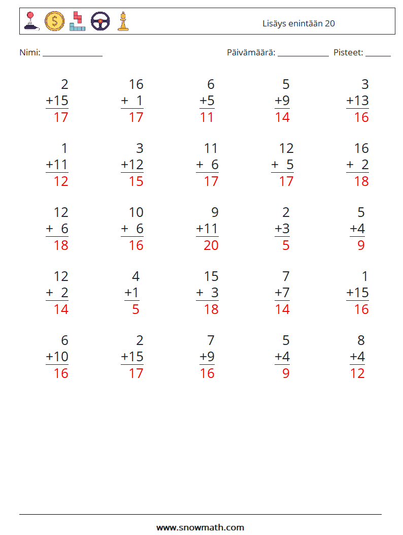 (25) Lisäys enintään 20 Matematiikan laskentataulukot 15 Kysymys, vastaus