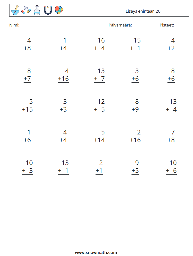 (25) Lisäys enintään 20 Matematiikan laskentataulukot 18