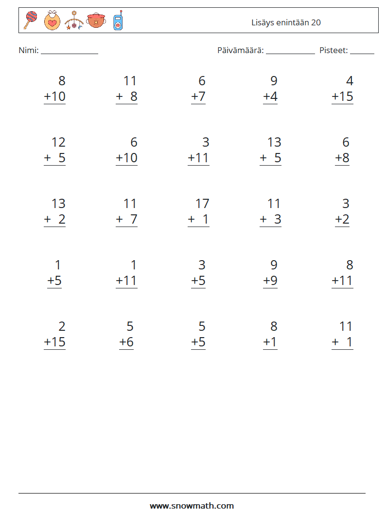 (25) Lisäys enintään 20 Matematiikan laskentataulukot 7