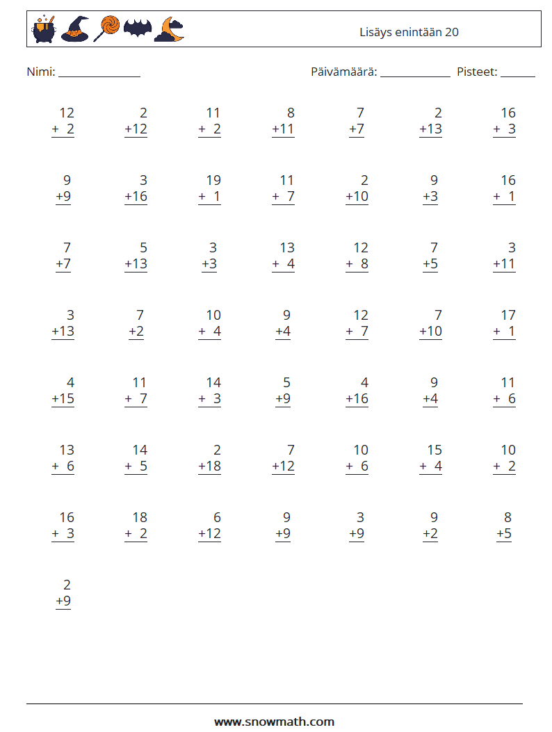 (50) Lisäys enintään 20 Matematiikan laskentataulukot 1