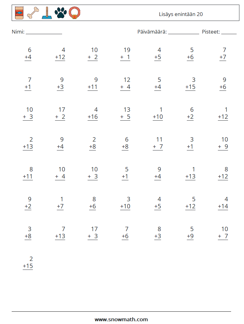 (50) Lisäys enintään 20 Matematiikan laskentataulukot 10