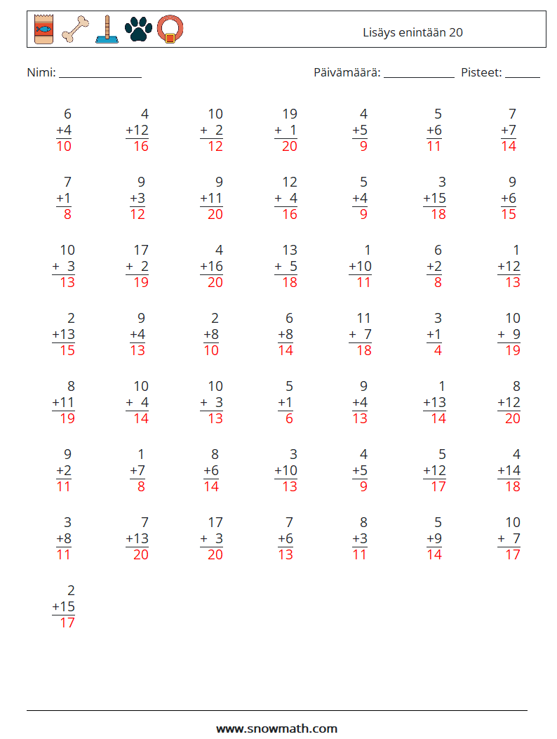 (50) Lisäys enintään 20 Matematiikan laskentataulukot 10 Kysymys, vastaus