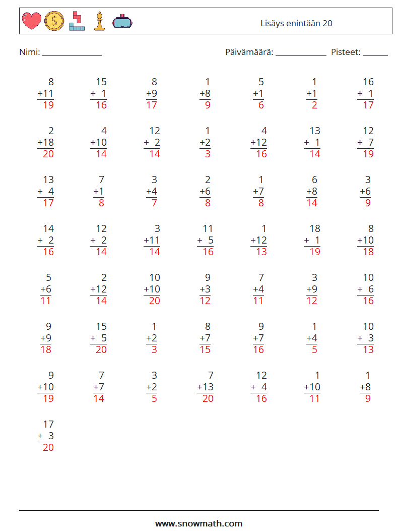 (50) Lisäys enintään 20 Matematiikan laskentataulukot 12 Kysymys, vastaus
