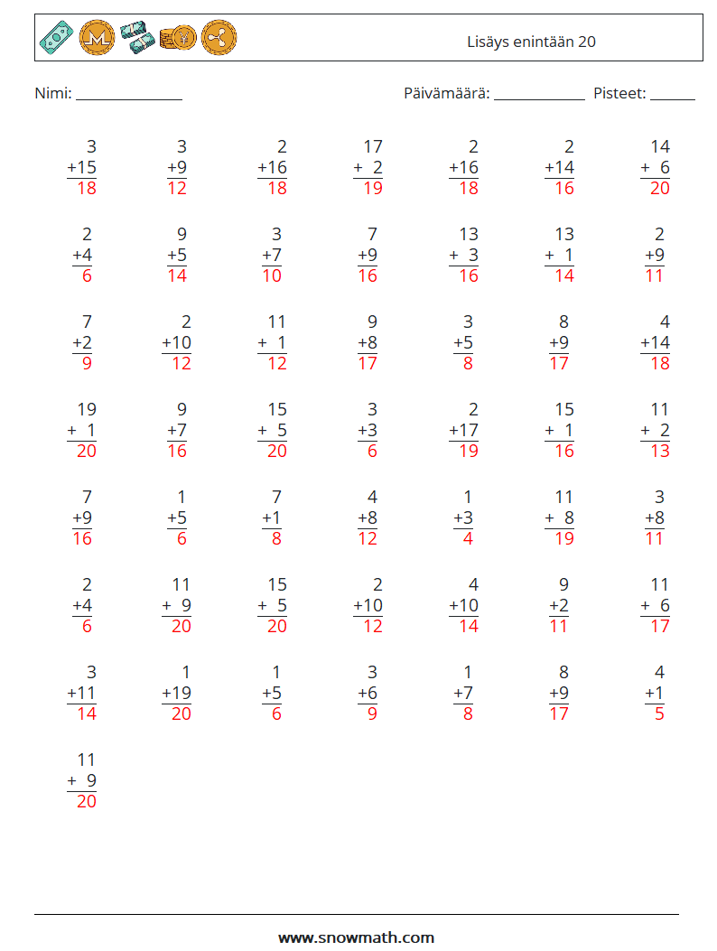 (50) Lisäys enintään 20 Matematiikan laskentataulukot 14 Kysymys, vastaus