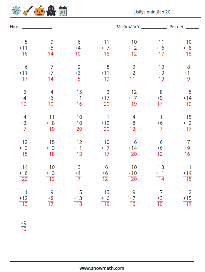 (50) Lisäys enintään 20 Matematiikan laskentataulukot 15 Kysymys, vastaus