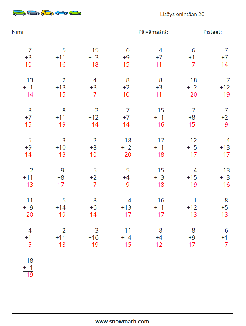 (50) Lisäys enintään 20 Matematiikan laskentataulukot 18 Kysymys, vastaus