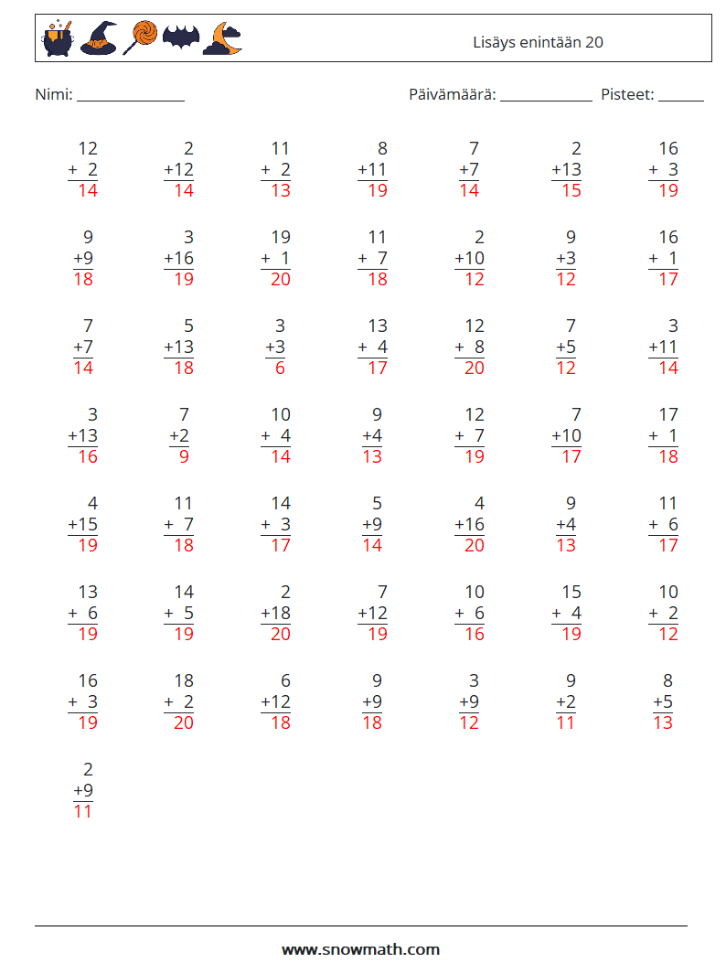 (50) Lisäys enintään 20 Matematiikan laskentataulukot 1 Kysymys, vastaus