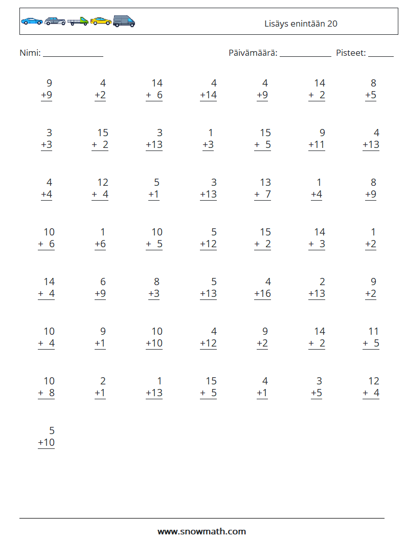 (50) Lisäys enintään 20 Matematiikan laskentataulukot 3