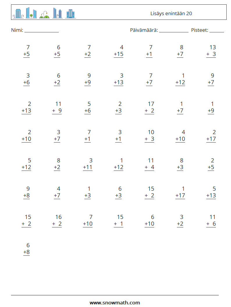 (50) Lisäys enintään 20 Matematiikan laskentataulukot 5