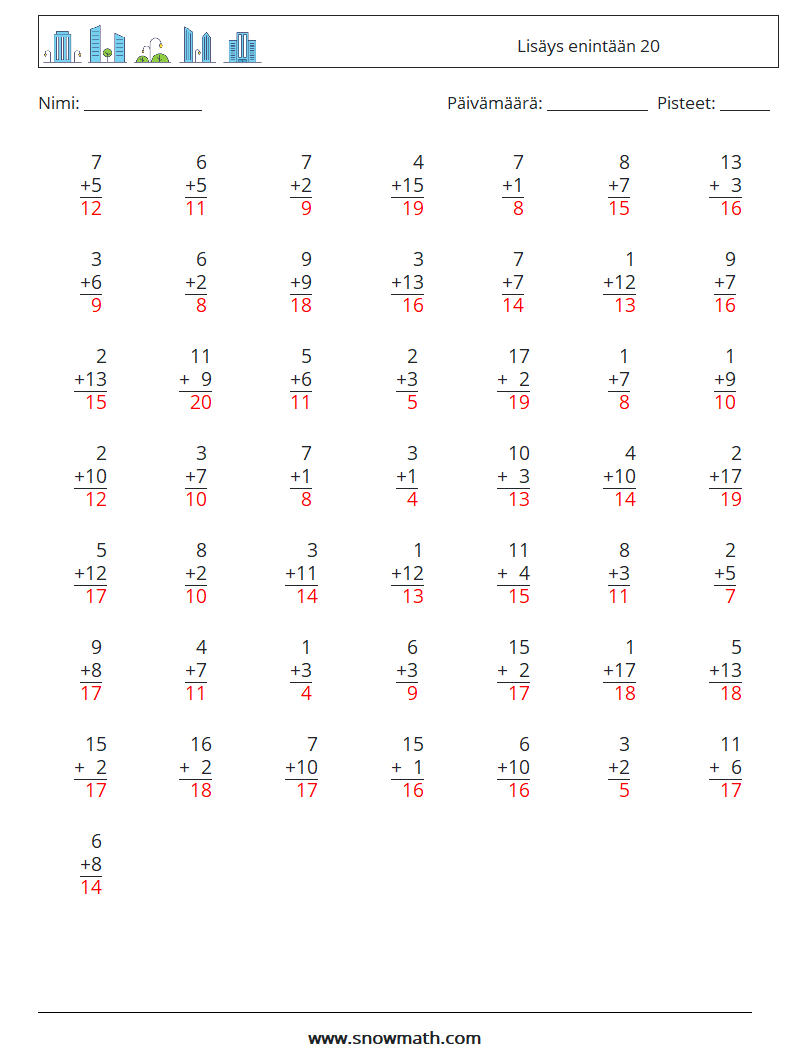 (50) Lisäys enintään 20 Matematiikan laskentataulukot 5 Kysymys, vastaus