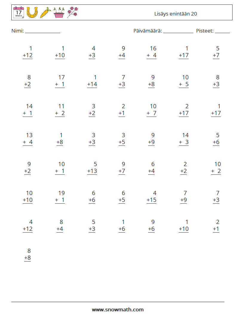 (50) Lisäys enintään 20 Matematiikan laskentataulukot 6