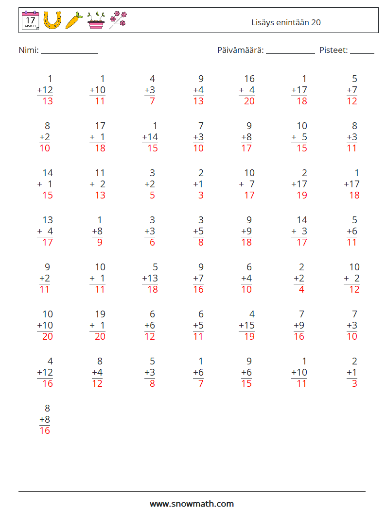 (50) Lisäys enintään 20 Matematiikan laskentataulukot 6 Kysymys, vastaus