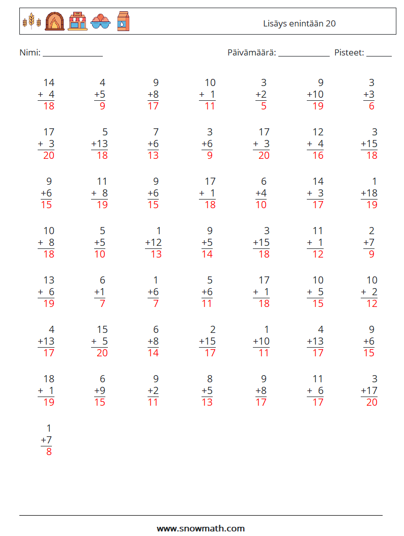 (50) Lisäys enintään 20 Matematiikan laskentataulukot 8 Kysymys, vastaus