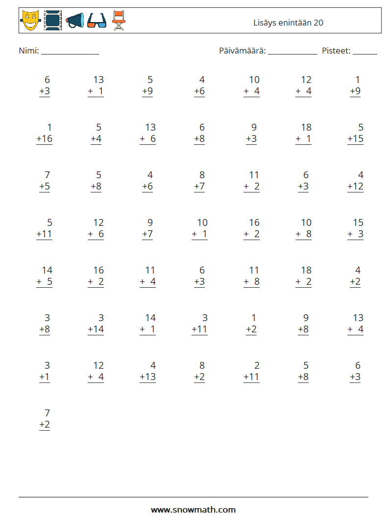 (50) Lisäys enintään 20 Matematiikan laskentataulukot 9