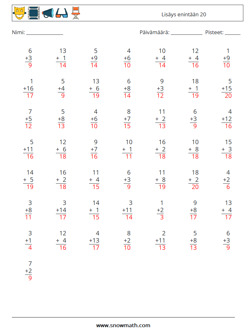 (50) Lisäys enintään 20 Matematiikan laskentataulukot 9 Kysymys, vastaus