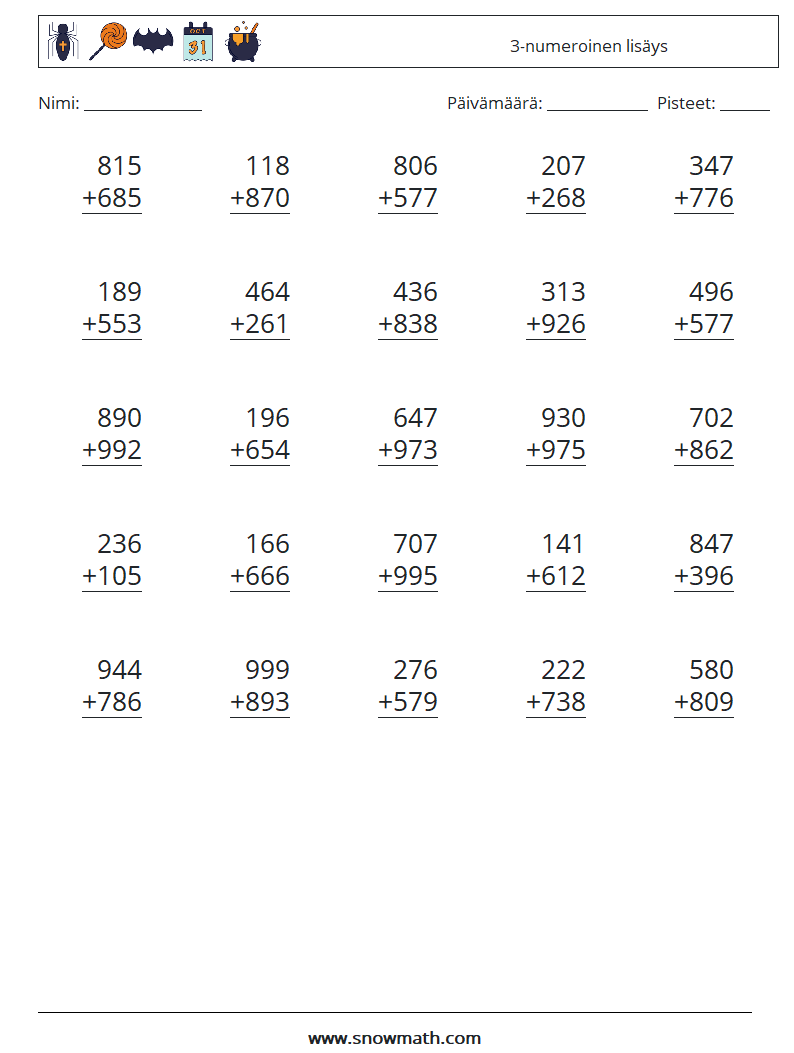 (25) 3-numeroinen lisäys Matematiikan laskentataulukot 1