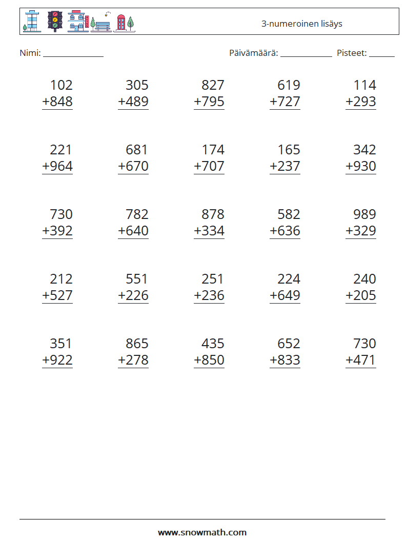 (25) 3-numeroinen lisäys Matematiikan laskentataulukot 10