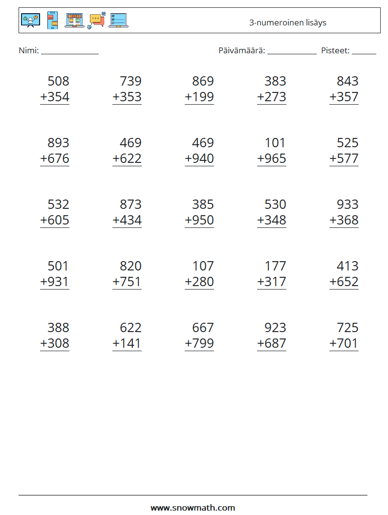 (25) 3-numeroinen lisäys Matematiikan laskentataulukot 11