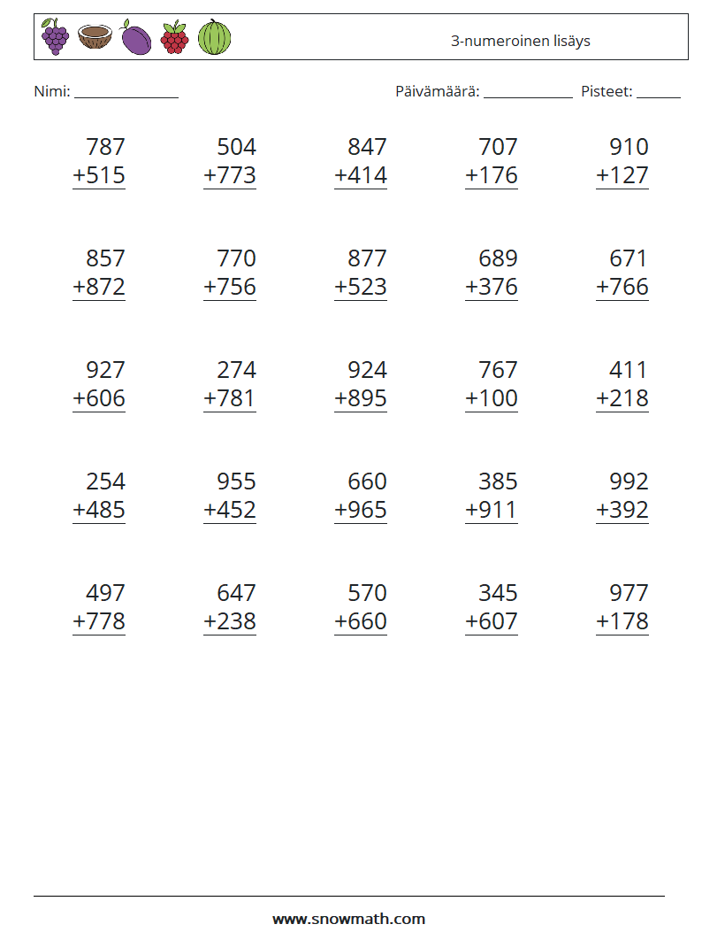 (25) 3-numeroinen lisäys Matematiikan laskentataulukot 12