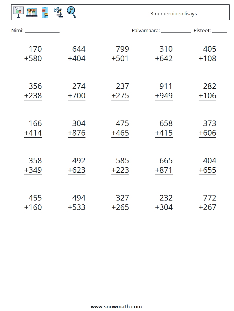 (25) 3-numeroinen lisäys Matematiikan laskentataulukot 14