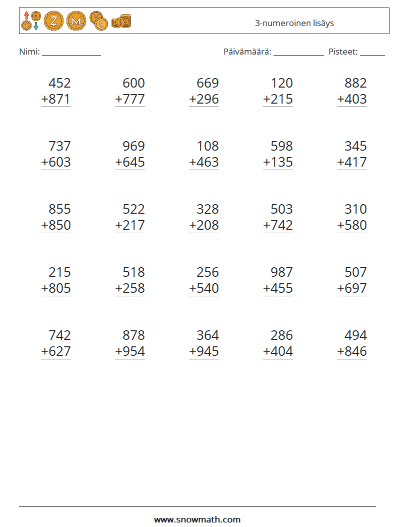 (25) 3-numeroinen lisäys Matematiikan laskentataulukot 16