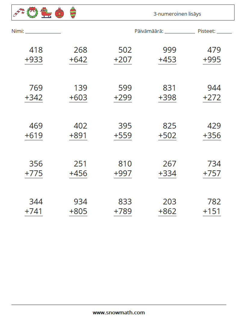 (25) 3-numeroinen lisäys Matematiikan laskentataulukot 2