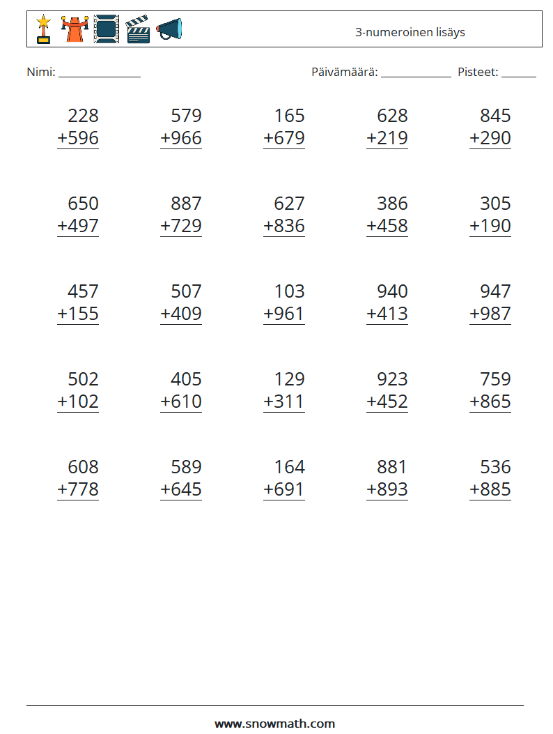 (25) 3-numeroinen lisäys Matematiikan laskentataulukot 3