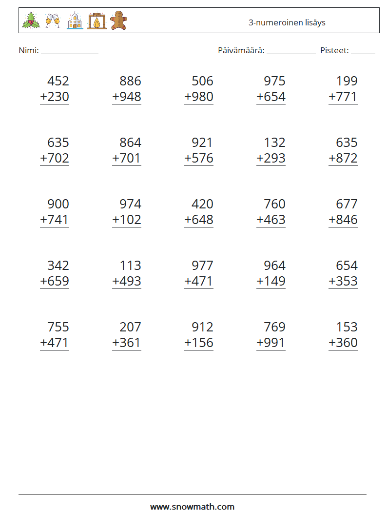 (25) 3-numeroinen lisäys Matematiikan laskentataulukot 5