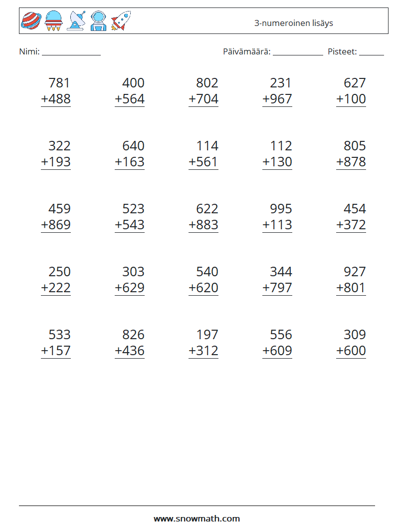 (25) 3-numeroinen lisäys Matematiikan laskentataulukot 6