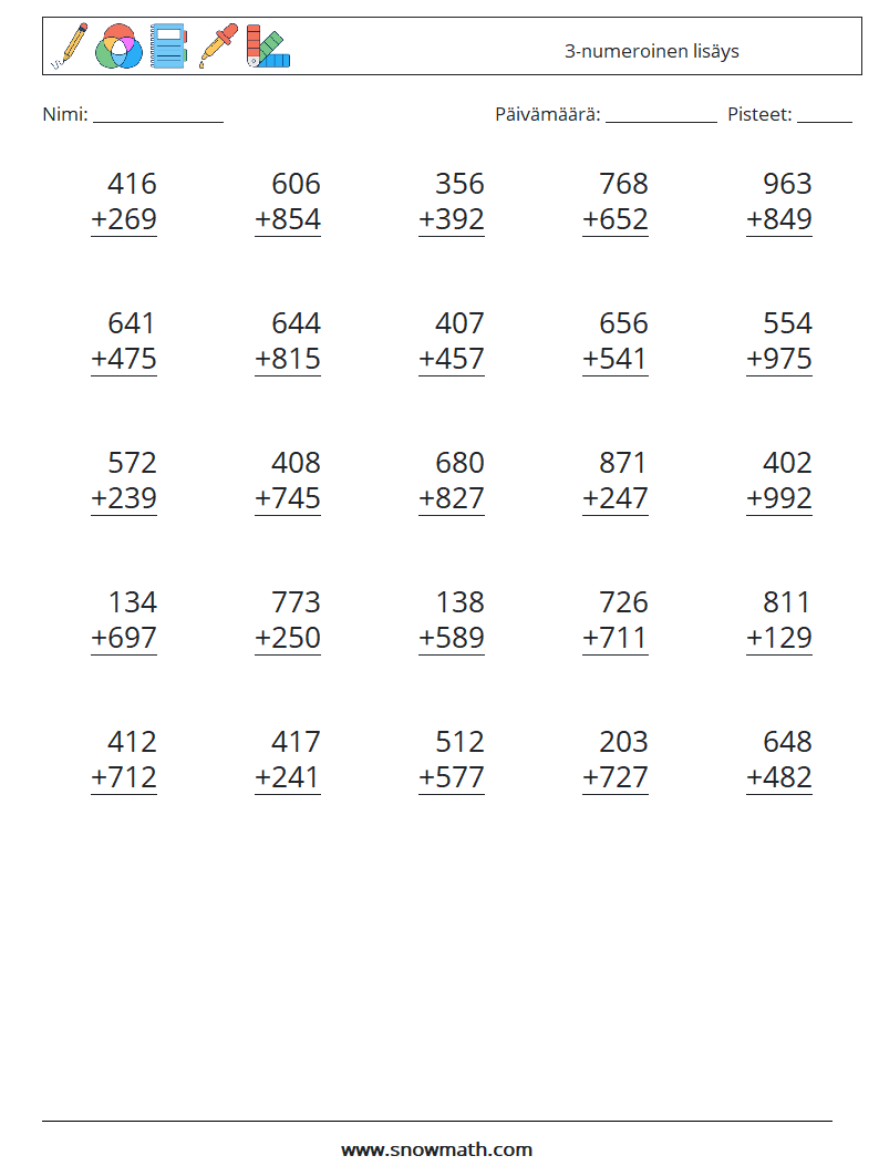 (25) 3-numeroinen lisäys Matematiikan laskentataulukot 9