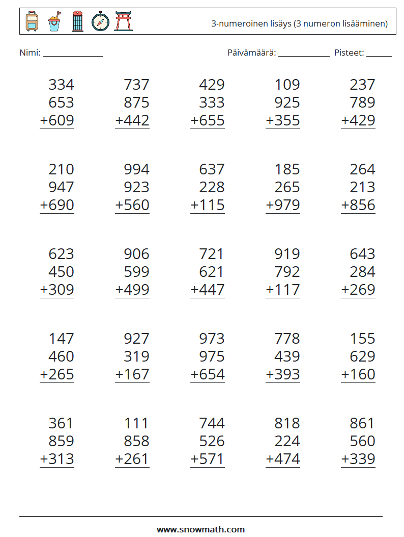 (25) 3-numeroinen lisäys (3 numeron lisääminen) Matematiikan laskentataulukot 10