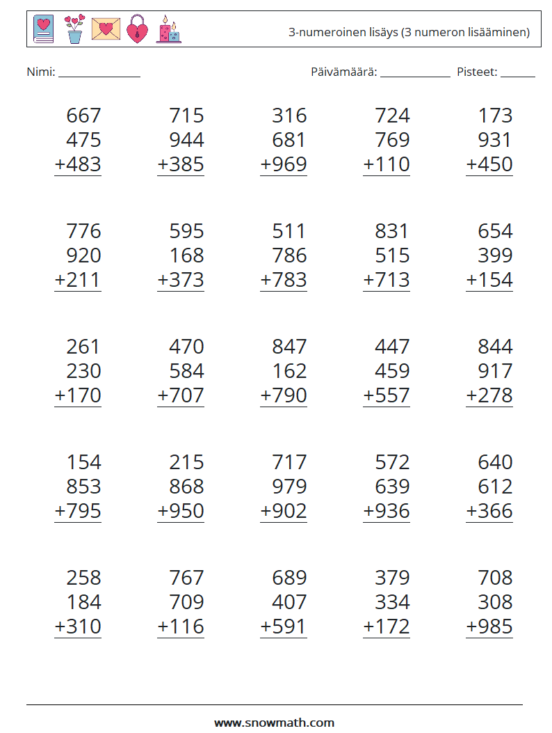 (25) 3-numeroinen lisäys (3 numeron lisääminen) Matematiikan laskentataulukot 11