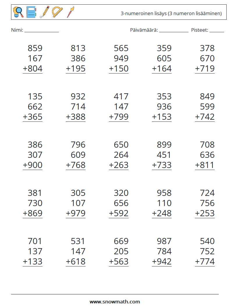 (25) 3-numeroinen lisäys (3 numeron lisääminen) Matematiikan laskentataulukot 12