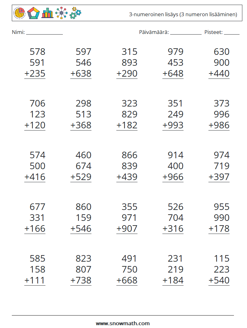 (25) 3-numeroinen lisäys (3 numeron lisääminen) Matematiikan laskentataulukot 13