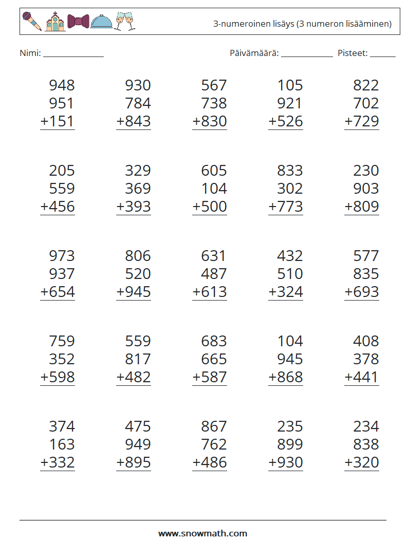 (25) 3-numeroinen lisäys (3 numeron lisääminen) Matematiikan laskentataulukot 14