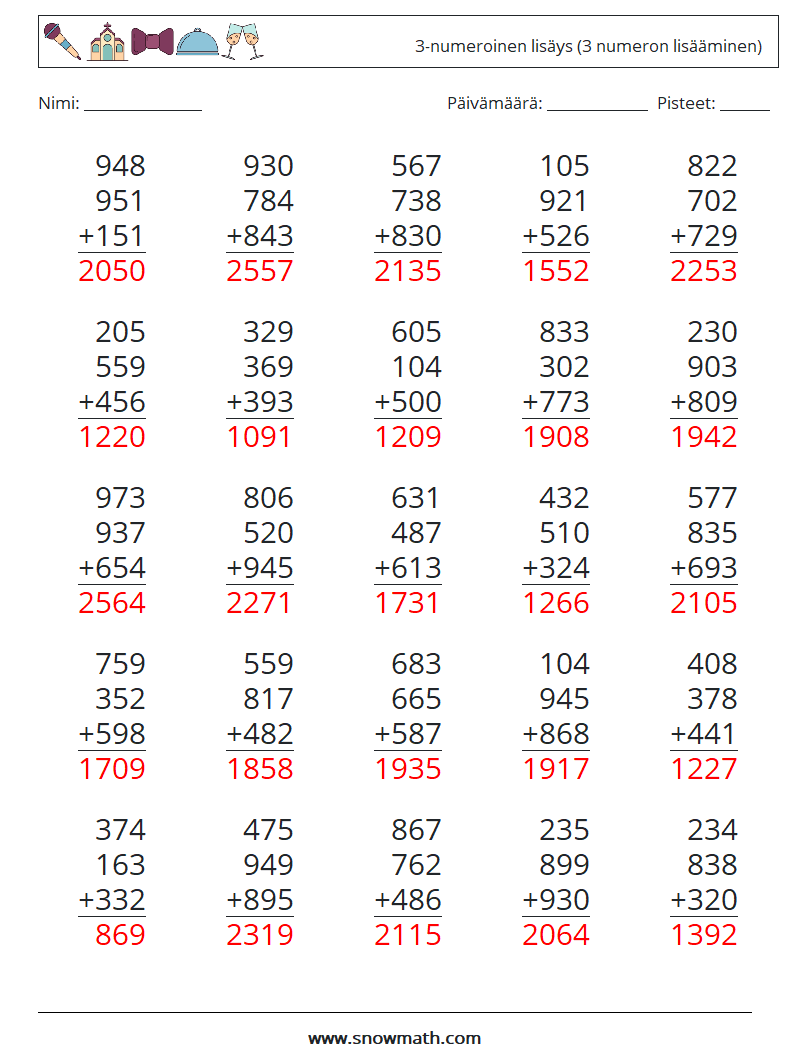 (25) 3-numeroinen lisäys (3 numeron lisääminen) Matematiikan laskentataulukot 14 Kysymys, vastaus