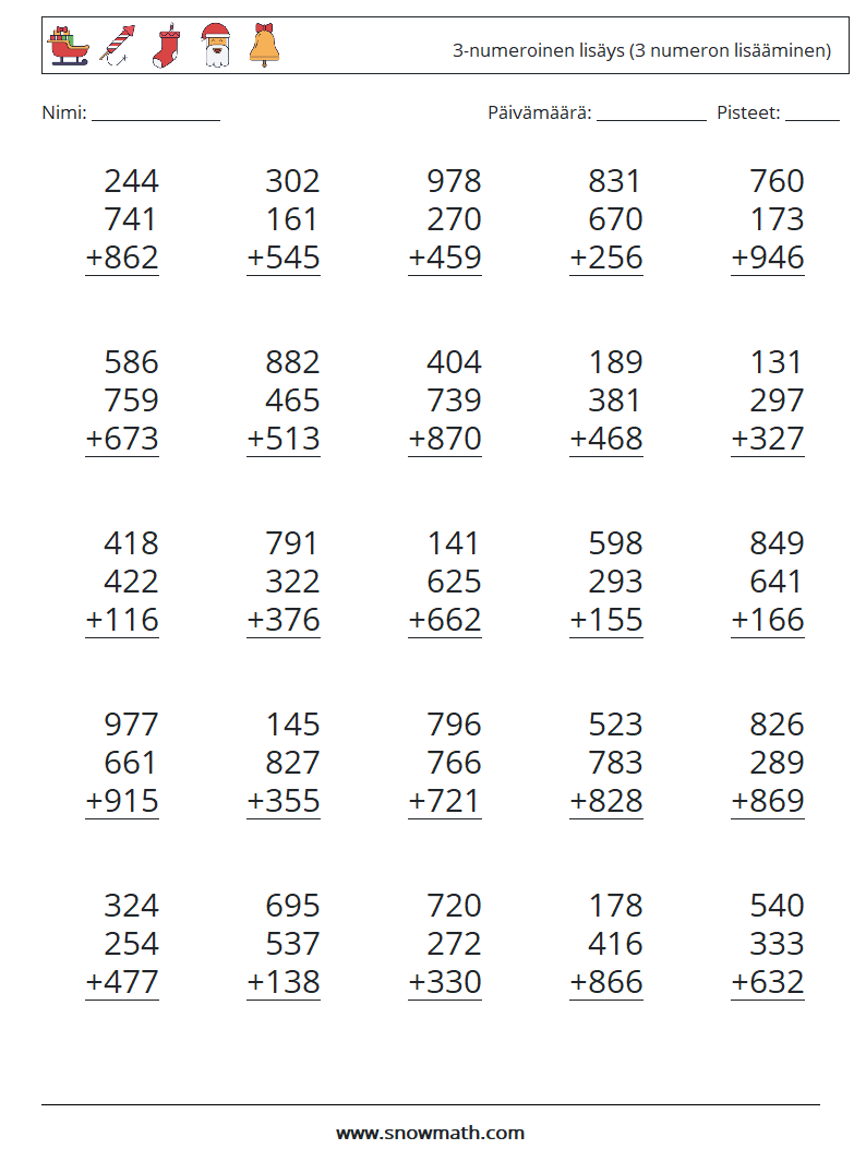 (25) 3-numeroinen lisäys (3 numeron lisääminen) Matematiikan laskentataulukot 15