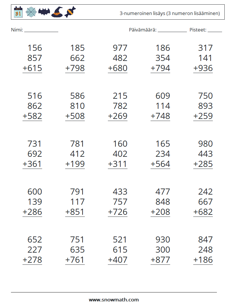 (25) 3-numeroinen lisäys (3 numeron lisääminen) Matematiikan laskentataulukot 17