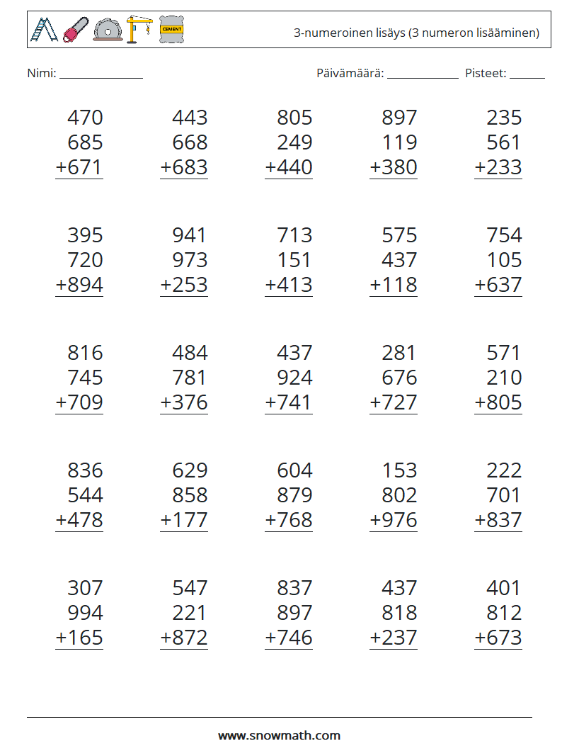 (25) 3-numeroinen lisäys (3 numeron lisääminen) Matematiikan laskentataulukot 18