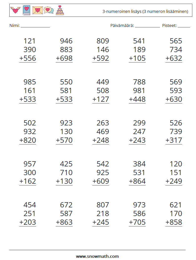 (25) 3-numeroinen lisäys (3 numeron lisääminen) Matematiikan laskentataulukot 2