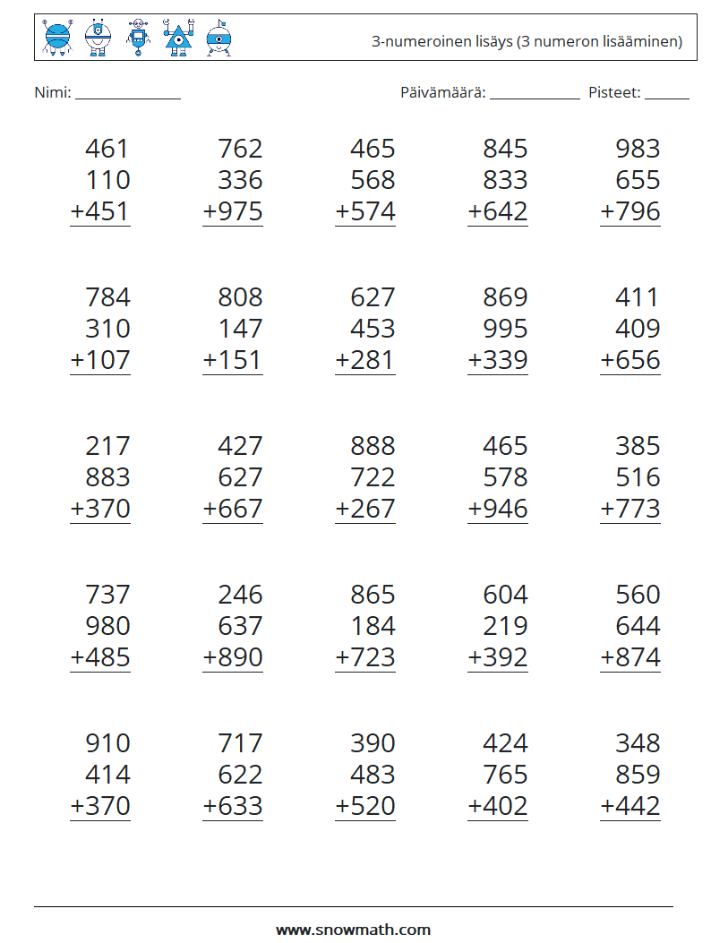 (25) 3-numeroinen lisäys (3 numeron lisääminen) Matematiikan laskentataulukot 3