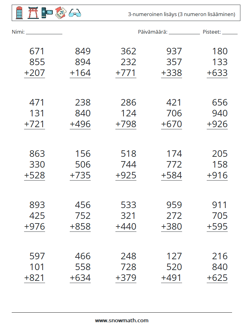 (25) 3-numeroinen lisäys (3 numeron lisääminen) Matematiikan laskentataulukot 4