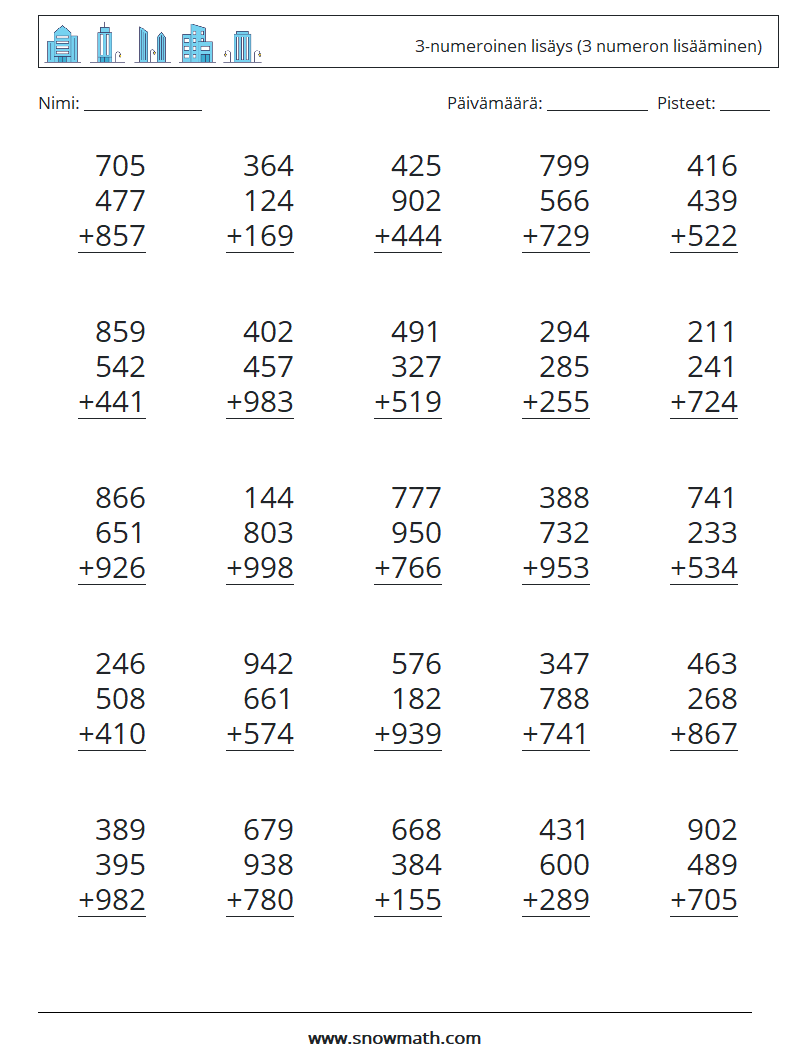 (25) 3-numeroinen lisäys (3 numeron lisääminen) Matematiikan laskentataulukot 5