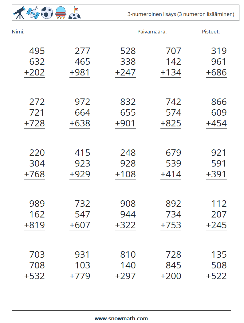 (25) 3-numeroinen lisäys (3 numeron lisääminen) Matematiikan laskentataulukot 6