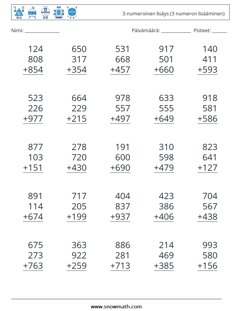 (25) 3-numeroinen lisäys (3 numeron lisääminen) Matematiikan laskentataulukot 9