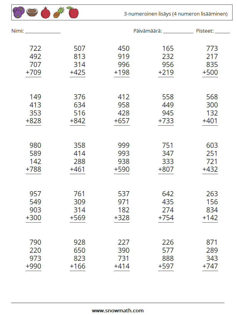 (25) 3-numeroinen lisäys (4 numeron lisääminen) Matematiikan laskentataulukot 1