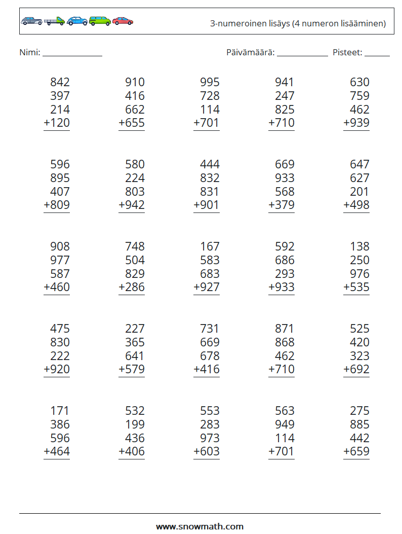 (25) 3-numeroinen lisäys (4 numeron lisääminen) Matematiikan laskentataulukot 10