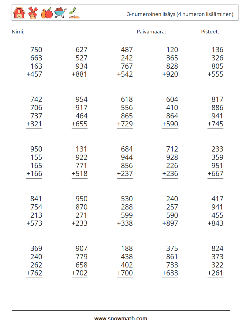 (25) 3-numeroinen lisäys (4 numeron lisääminen) Matematiikan laskentataulukot 11